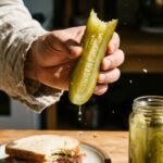 A close-up of a hand holding a bitten pickle spear, showing the crisp interior texture.