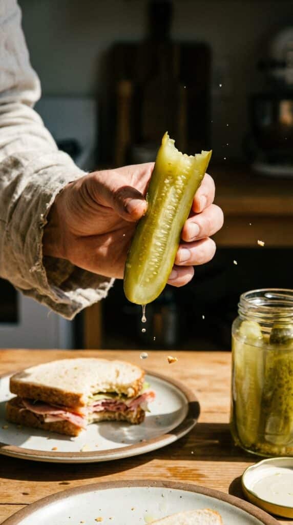 A close-up of a hand holding a bitten pickle spear, showing the crisp interior texture.
