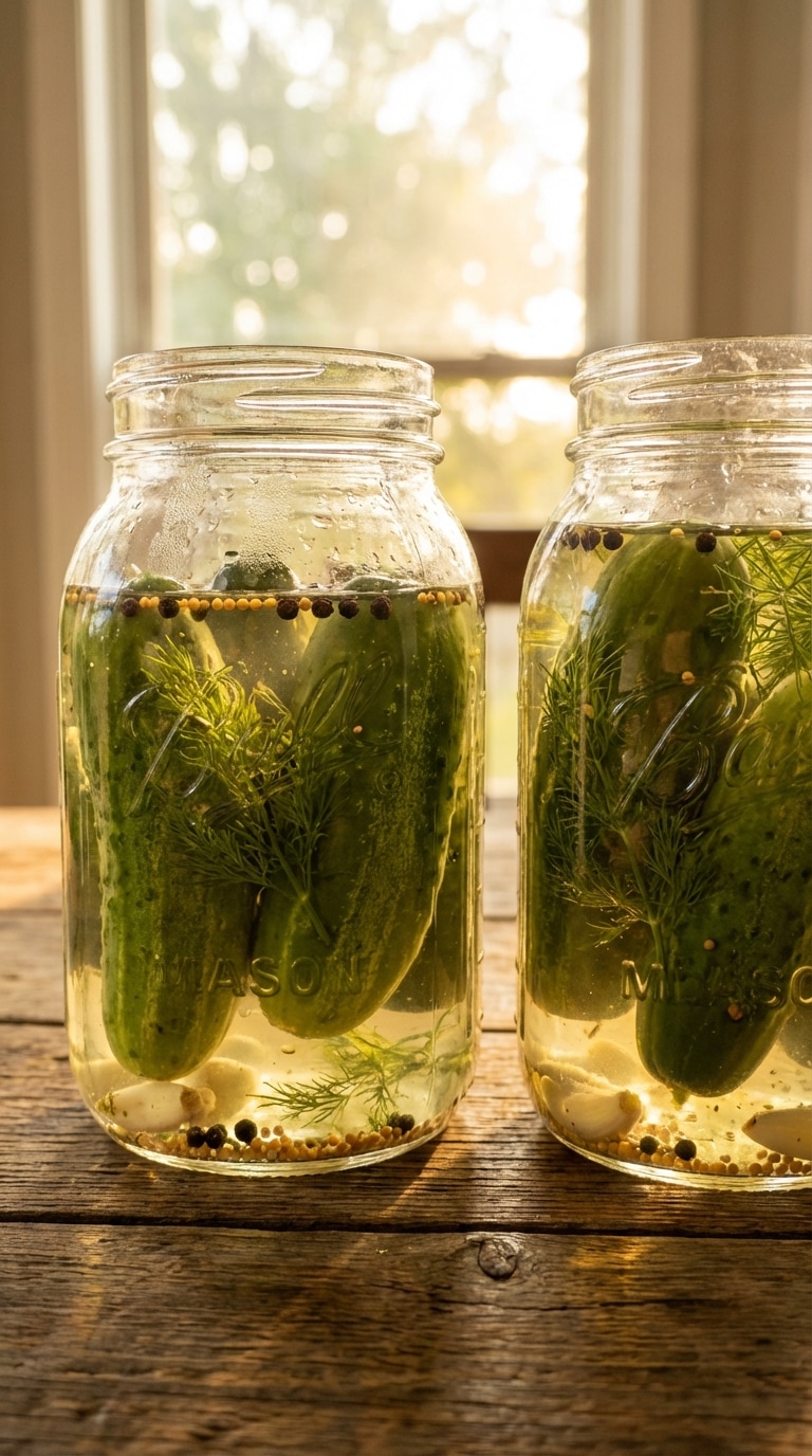 Two mason jars filled with bright green dill pickles, garlic, and spices, backlit by the sun.