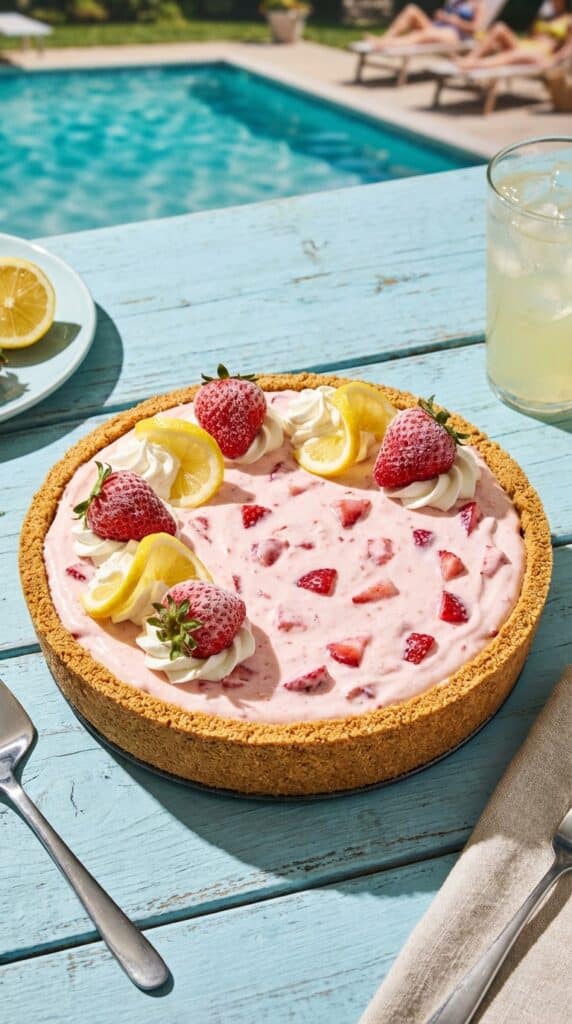 A whole frozen strawberry lemonade pie topped with whipped cream, lemon twists, and fresh berries on a blue picnic table.