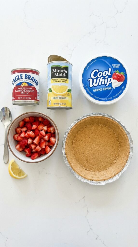 A flat lay showing condensed milk, lemonade concentrate, cool whip, strawberries, and a pie crust.