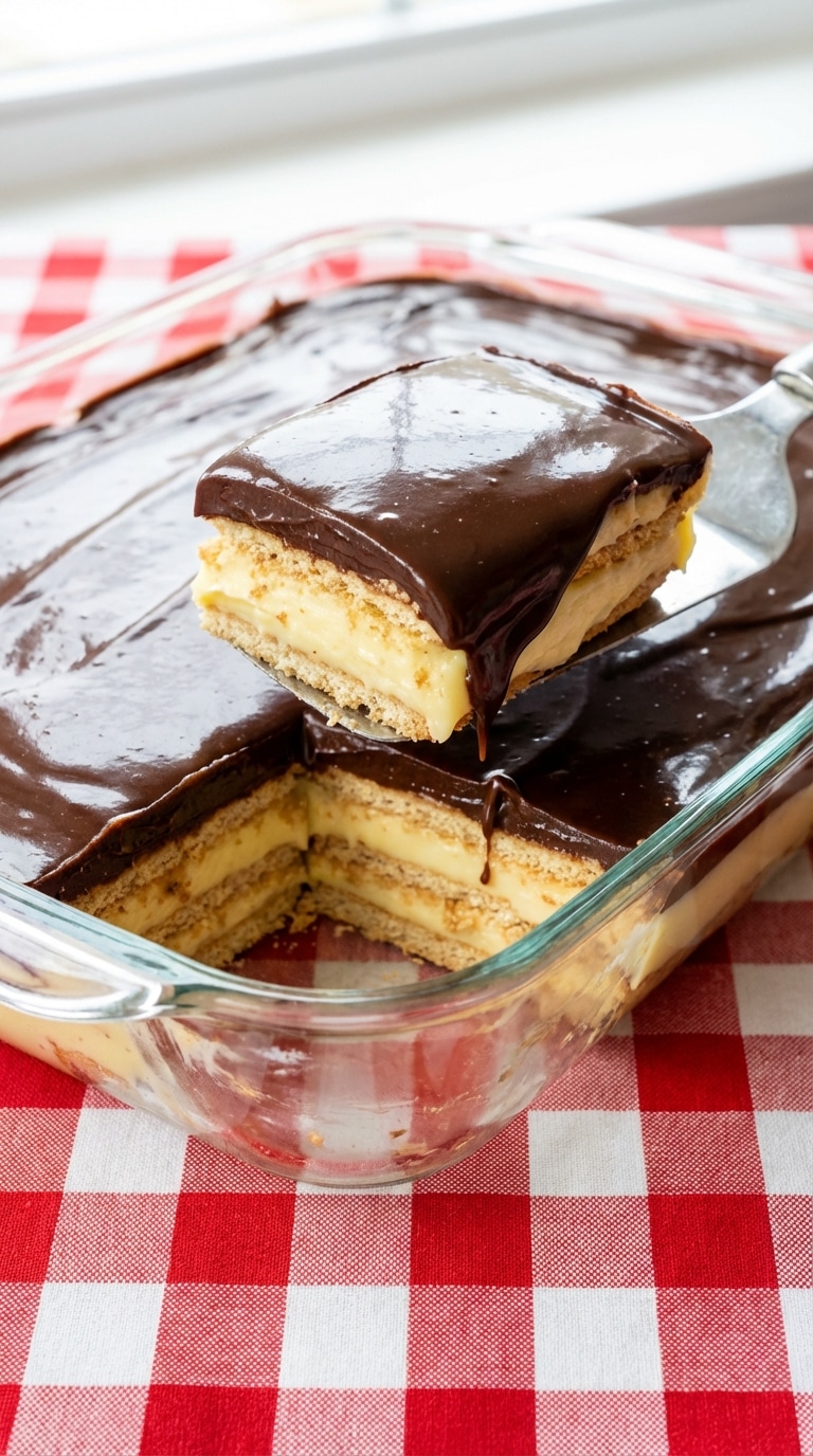 A glass baking dish filled with an icebox eclair cake showing layers of pudding and graham crackers, topped with shiny chocolate.