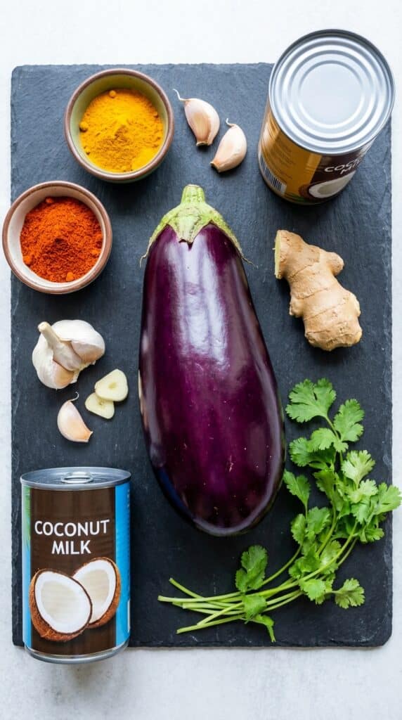 A flat lay showing a whole purple eggplant, spices, coconut milk, garlic, and ginger on a slate board.