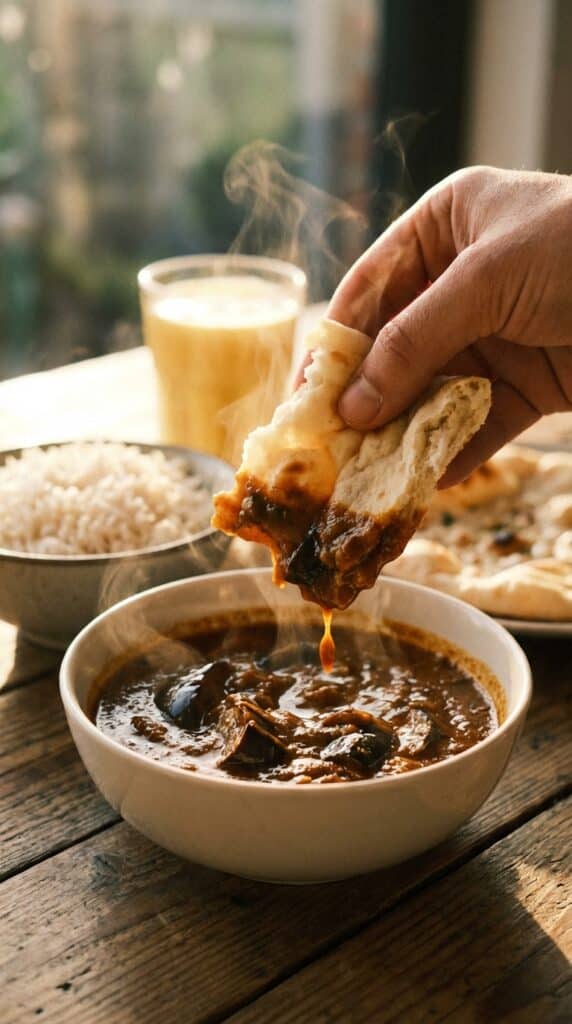 A close-up of a hand dipping naan bread into a bowl of hot eggplant curry.