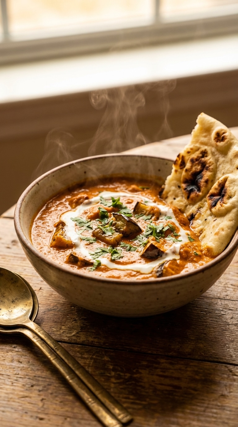 A bowl of creamy eggplant curry with coconut milk swirl and cilantro, served with naan bread