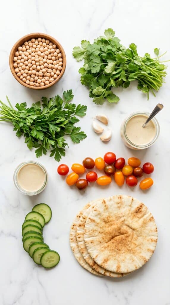 An overhead flat lay showing chickpeas, fresh parsley, cilantro, tomatoes, cucumber, pita bread, and tahini on a marble surface.