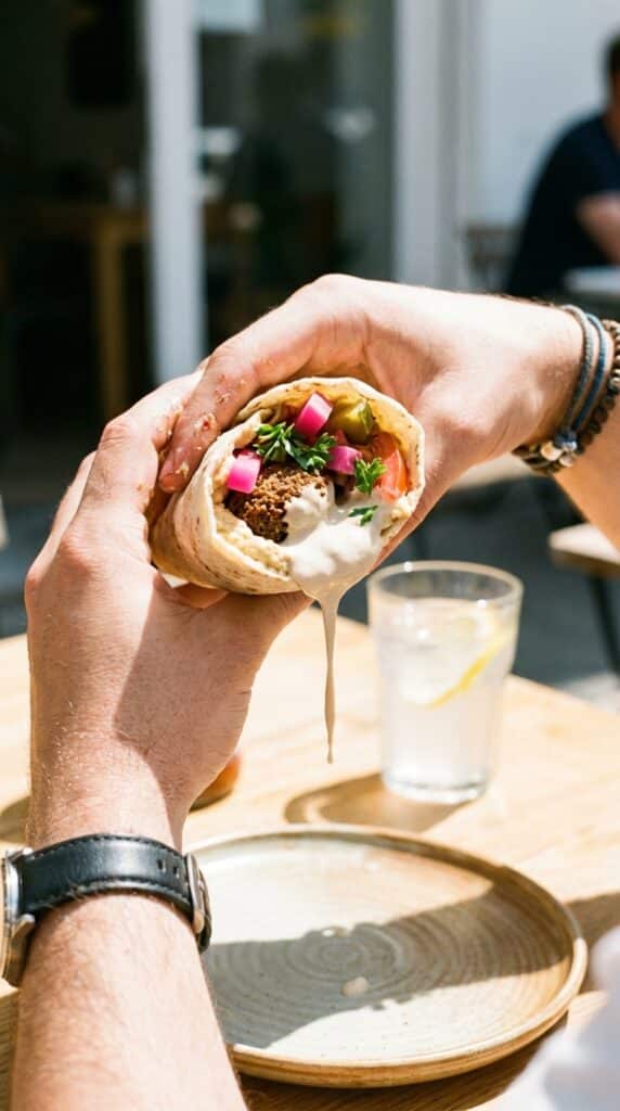 A close-up of two hands holding a loaded falafel wrap with tahini sauce dripping, ready to take a bite.