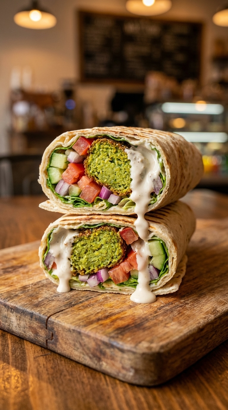 A halved falafel wrap stuffed with crispy green falafel patties, fresh vegetables, and creamy tahini sauce on a wooden board.