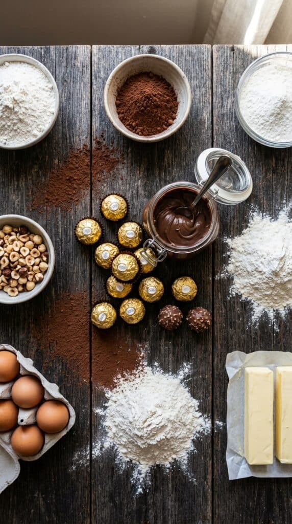 flat lay showing gold-wrapped Ferrero Rocher candies, a jar of hazelnut spread, cocoa powder, butter, and chopped nuts on a wooden board.