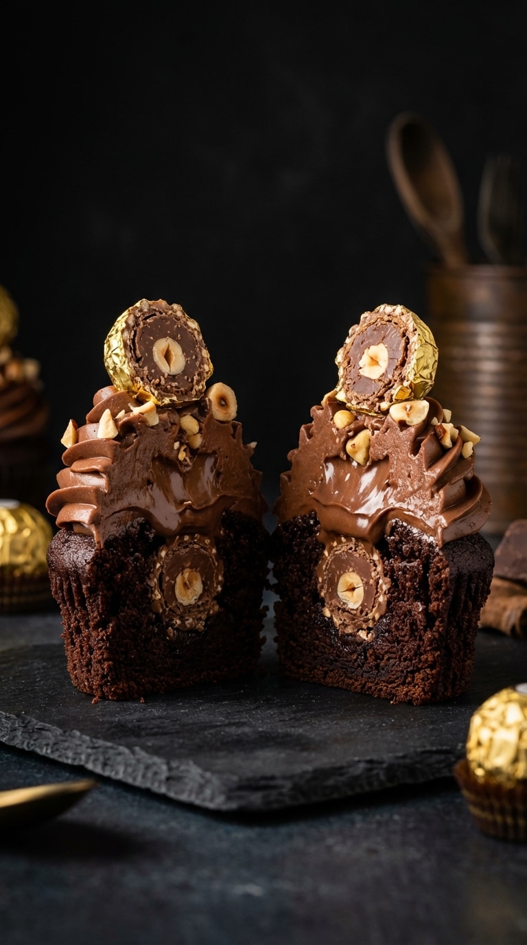 achocolate hazelnut cupcake cut in half, revealing a whole Ferrero Rocher truffle hidden inside, topped with Nutella frosting