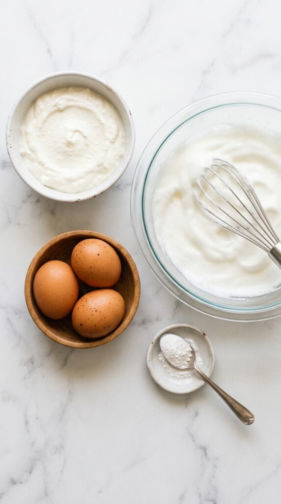 An overhead flat lay showing smooth cottage cheese, whole eggs, a bowl of whipped egg whites, and baking powder on marble.