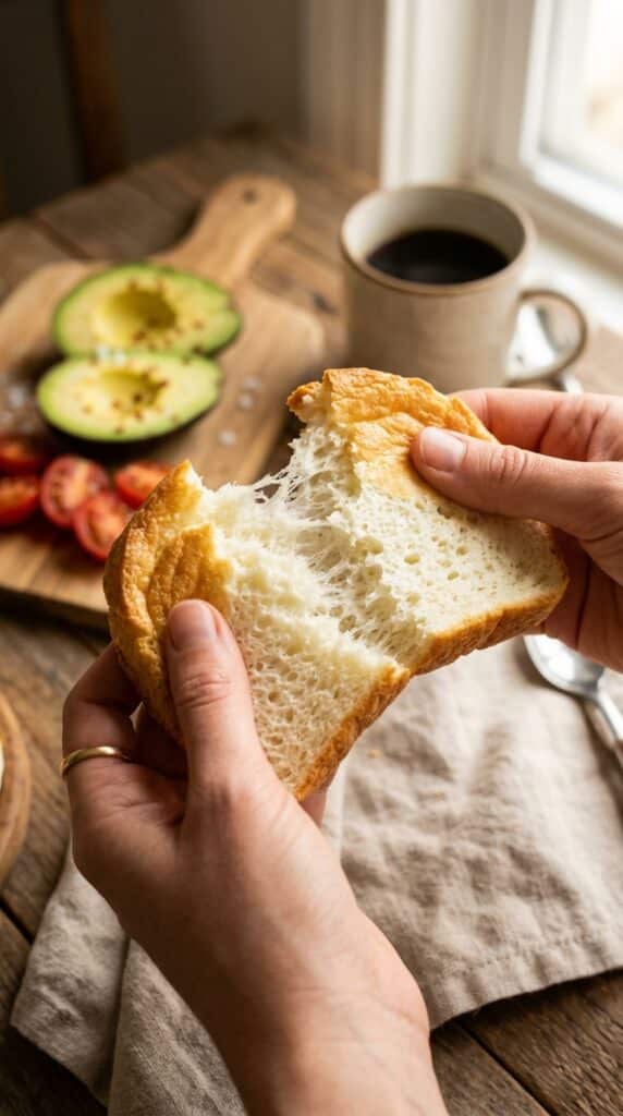 A close-up of hands tearing apart a piece of cloud bread, revealing its soft, airy interior texture.