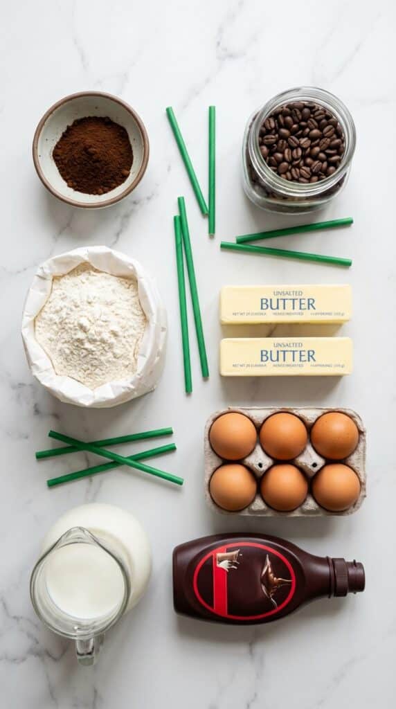 A flat lay showing espresso powder, coffee beans, flour, butter, eggs, chocolate syrup, and green straws on a marble board.