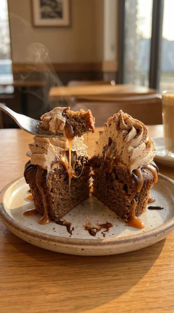 A close-up cross-section of a coffee cupcake showing the moist crumb and tall fluffy frosting, with a fork taking a bite.
