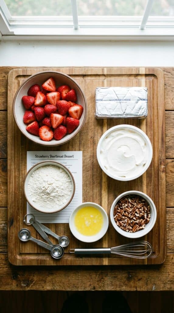A flat lay showing strawberries, cream cheese, whipped topping, flour, butter, and pecans on a wooden board.