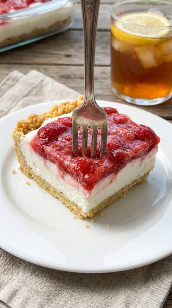 A close-up side view of a square slice of strawberry frozen dessert showing the crust, cream, and berry layers.