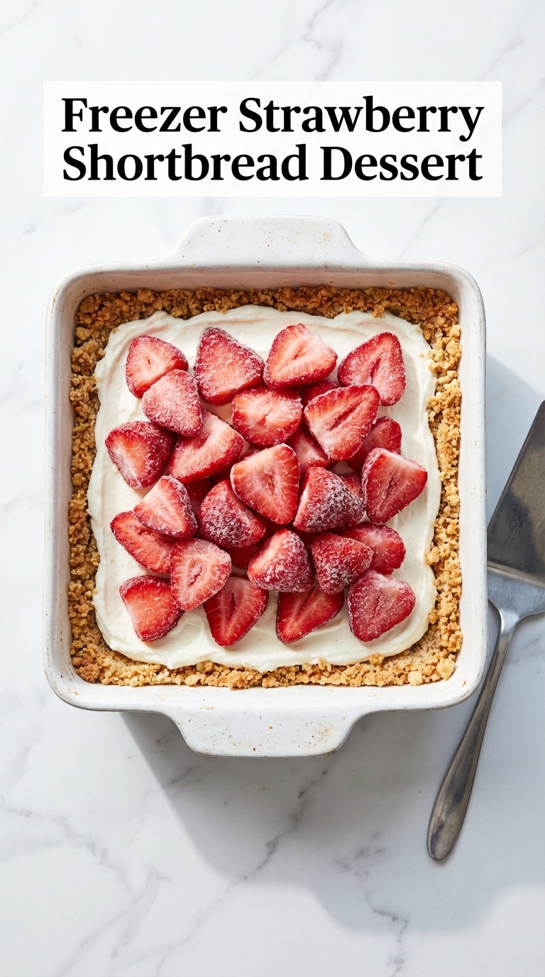 A top-down view of a square pan filled with a layered frozen dessert featuring crust, white cream, and strawberries.