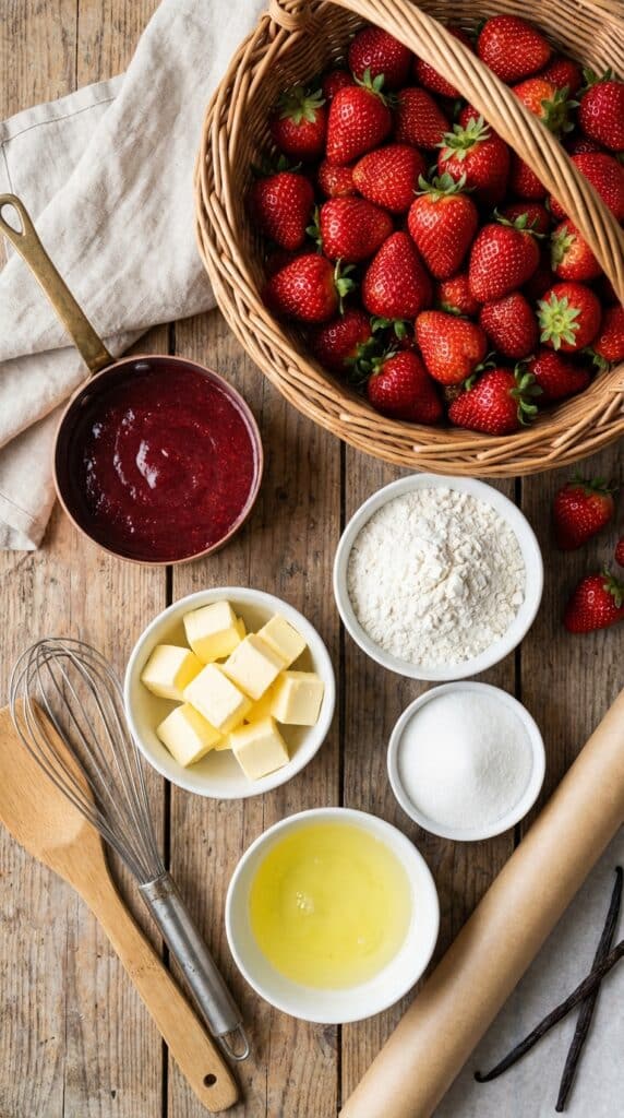 A flat lay showing fresh strawberries, a pot of strawberry puree, flour, sugar, and butter on a wooden table.