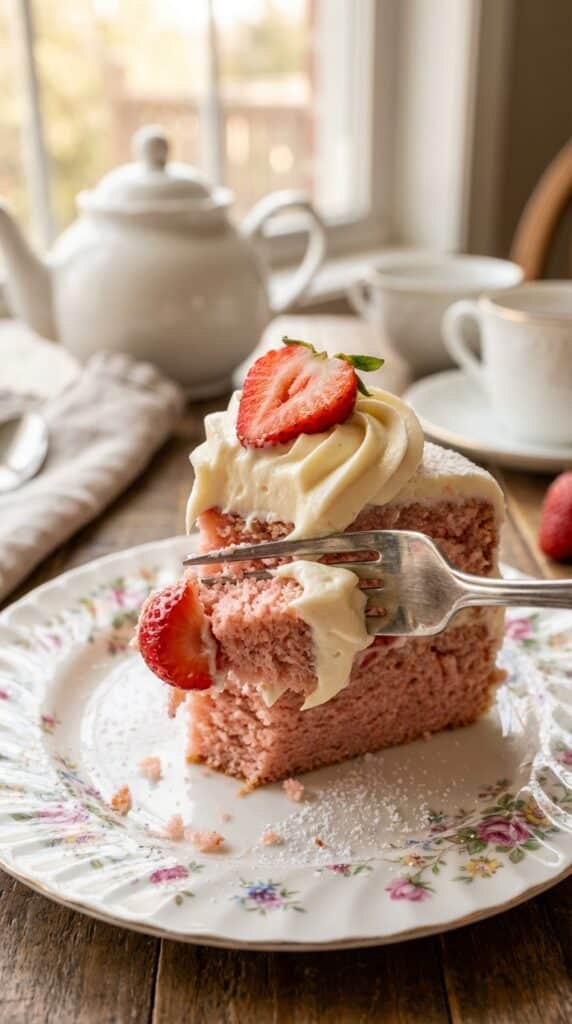 A close-up of a fork cutting into a moist slice of pink strawberry cake on a floral plate.