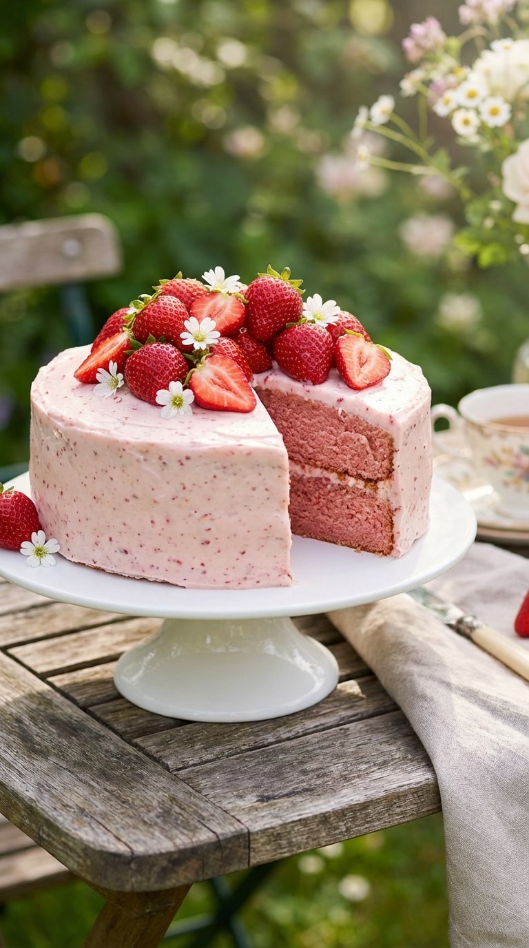 A whole two-layer pink strawberry cake topped with fresh berries, with a slice removed showing the pink inside.