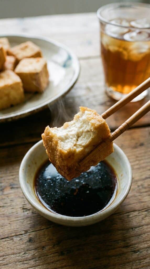 A close-up of chopsticks holding a piece of fried tofu with a bite taken out, showing the soft inside.