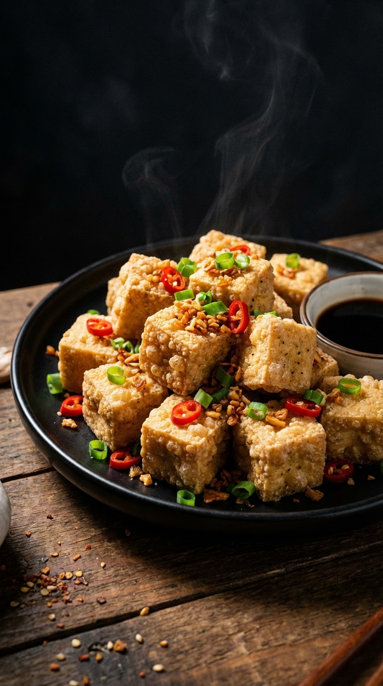 A plate of golden crispy fried tofu cubes garnished with red chilies, garlic, and green onions.
