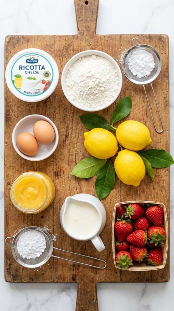 A flat lay showing ricotta cheese, lemons, lemon curd, eggs, flour, and strawberries on a wooden board.