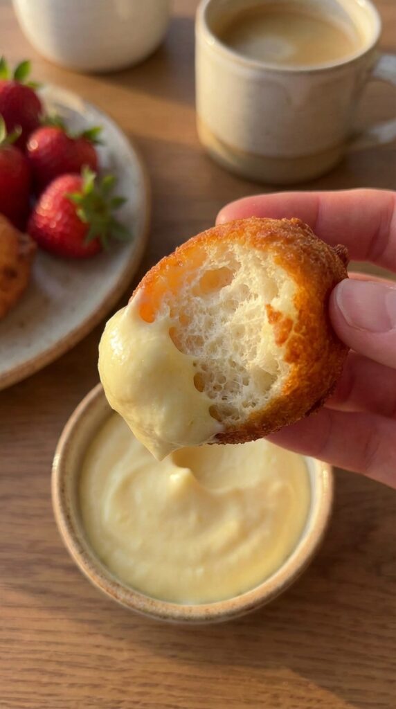A close-up of a hand dipping a fried fritter into lemon mousse, showing the fluffy interior texture.