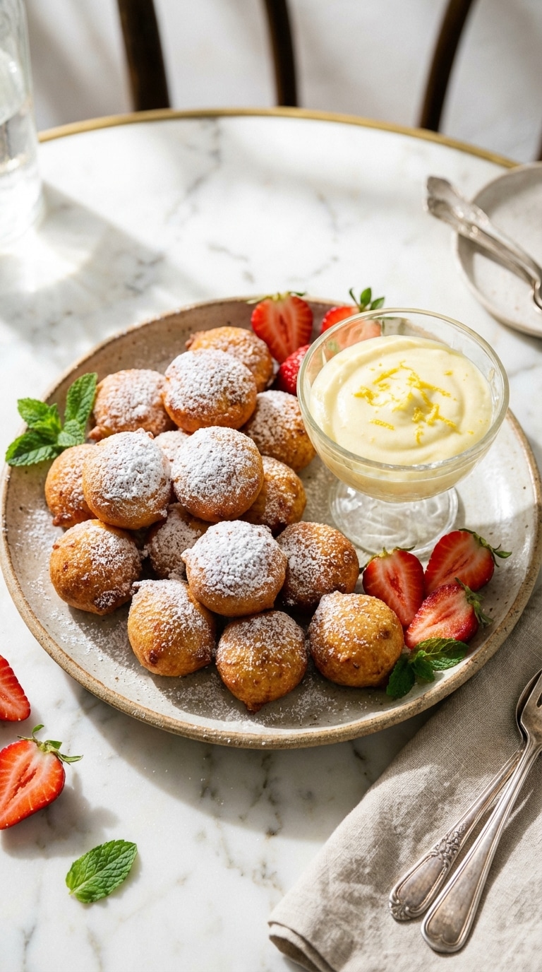 A platter of golden fried fritters dusted with sugar, served with a side of lemon mousse and fresh strawberries on a marble table.