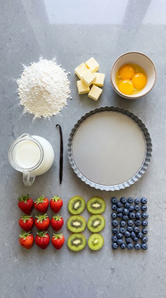 A clean, organized overhead shot. The contrast between the beige baking staples (flour/butter) and the vivid colors of the fruit visually promises a fresh and exciting result.