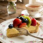 A close-up side view of a slice of fruit tart showing the crust, pastry cream, and fruit layers.