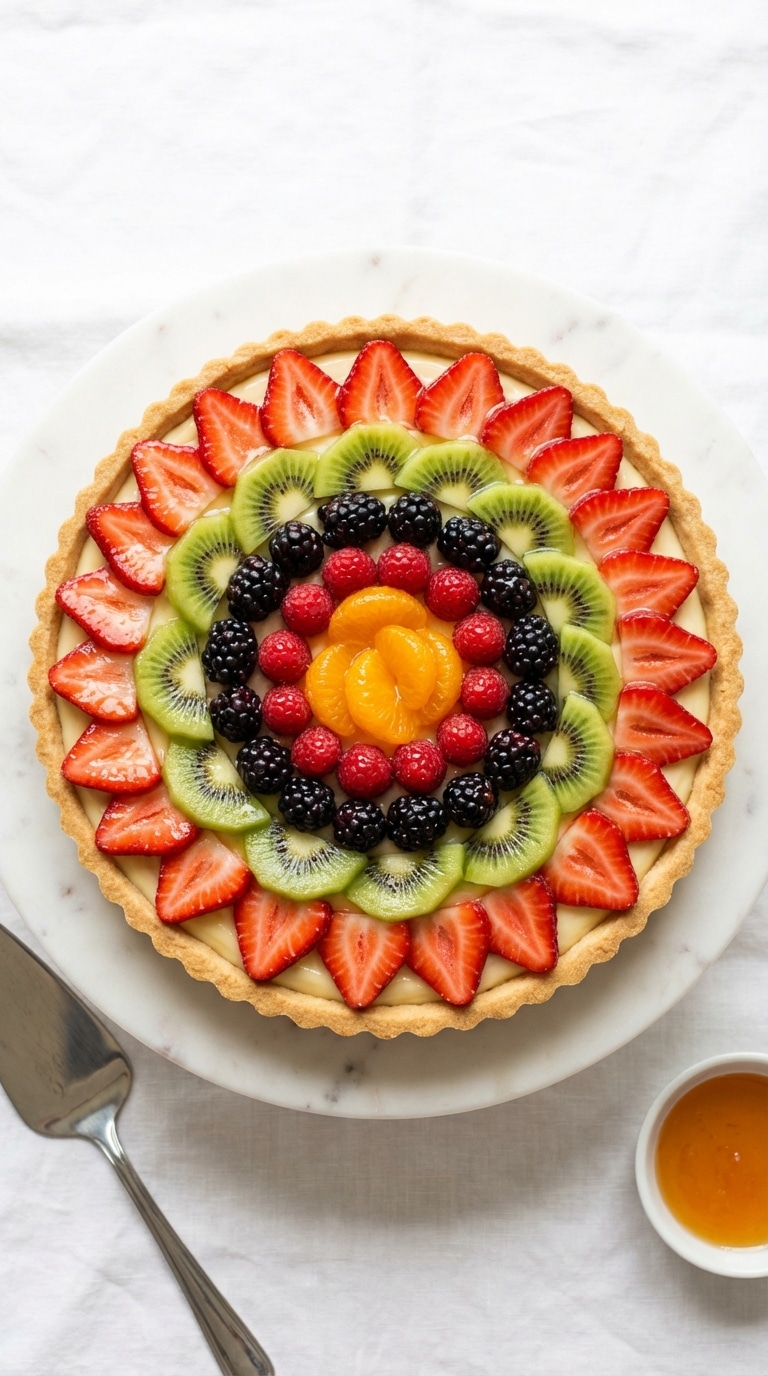 A top-down view of a whole fruit tart with glossy strawberries, kiwi, and berries arranged in circles on a cake stand.