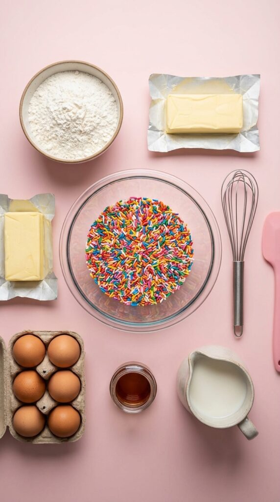 A flat lay showing a bowl of rainbow sprinkles, flour, butter, eggs, and vanilla on a pink surface.