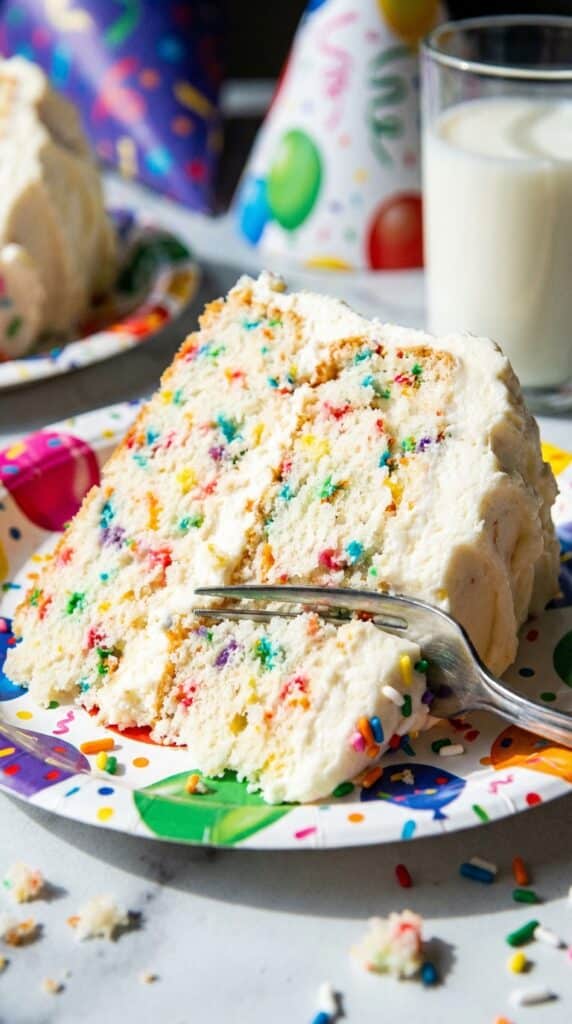 A close-up of a slice of confetti cake on a plate with a fork taking a bite, party decor in background.