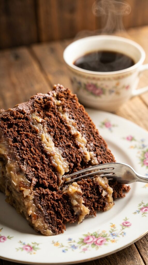 A close-up side view of a slice of German Chocolate Cake showing the filling layers between the chocolate sponge.