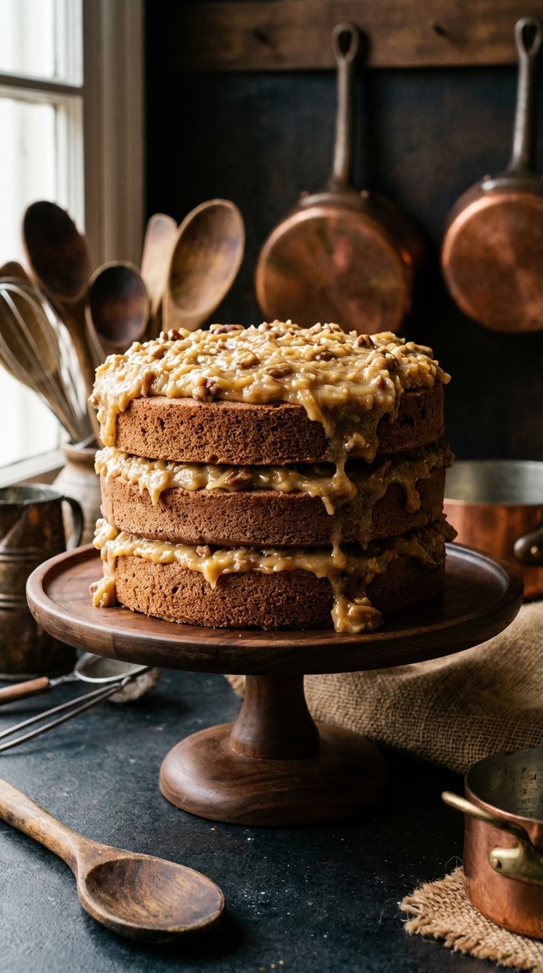 A three-layer German Chocolate Cake with exposed sides and a thick coconut-pecan topping on a wooden stand.