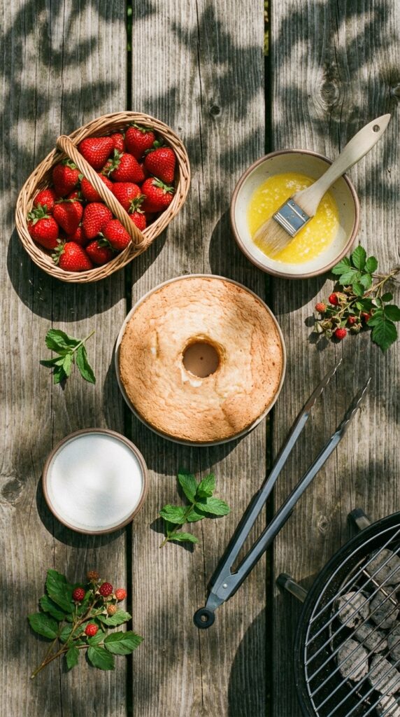 A flat lay showing a whole angel food cake, strawberries, melted butter, a brush, and grilling tongs.