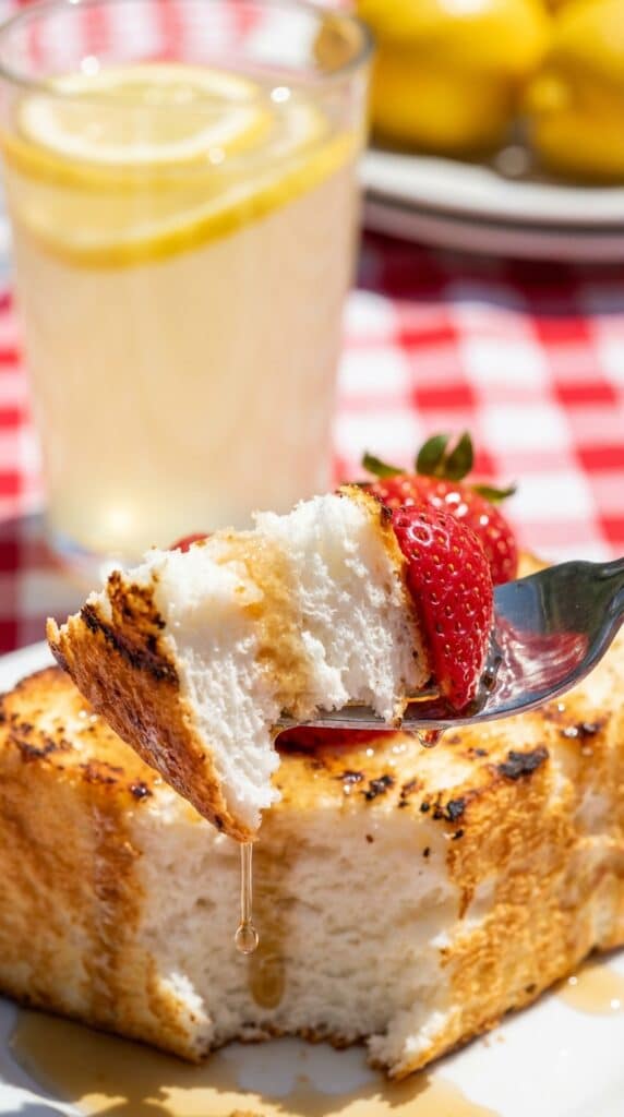 A close-up of a fork taking a bite of grilled cake, showing the toasted edge and soft interior.