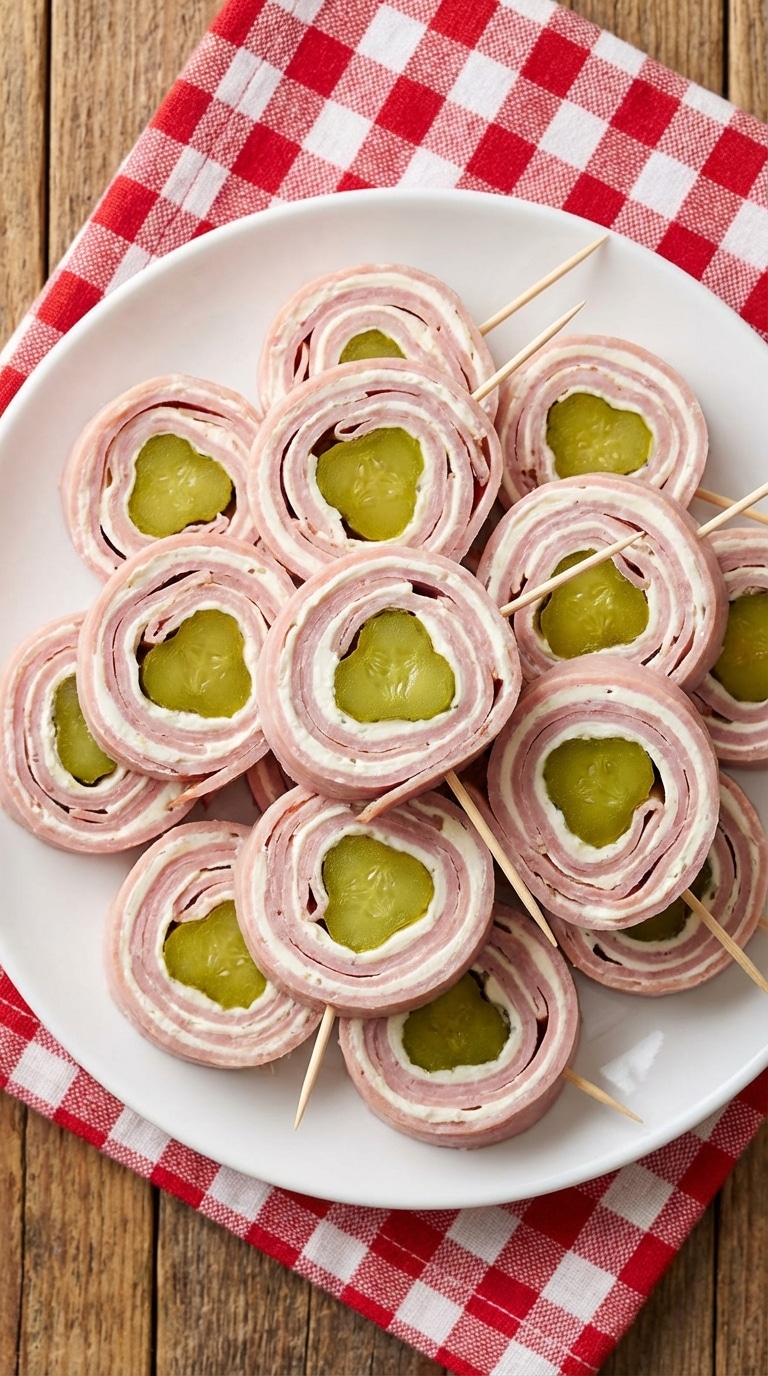 A party platter filled with sliced ham and pickle roll-ups showing the pink, white, and green spiral layers.