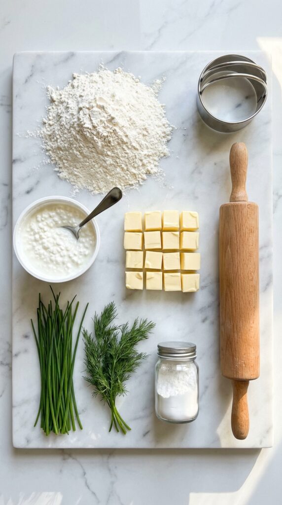 A flat lay showing cottage cheese, flour, cold butter cubes, fresh chives, and dill on a marble board.