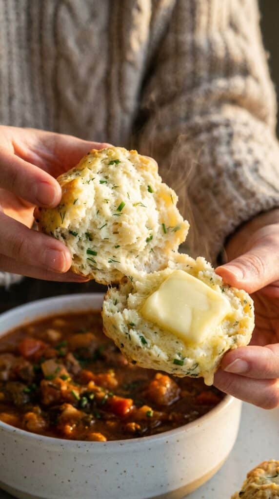 A close-up of a warm, herb-speckled biscuit split in half with butter melting into the center.