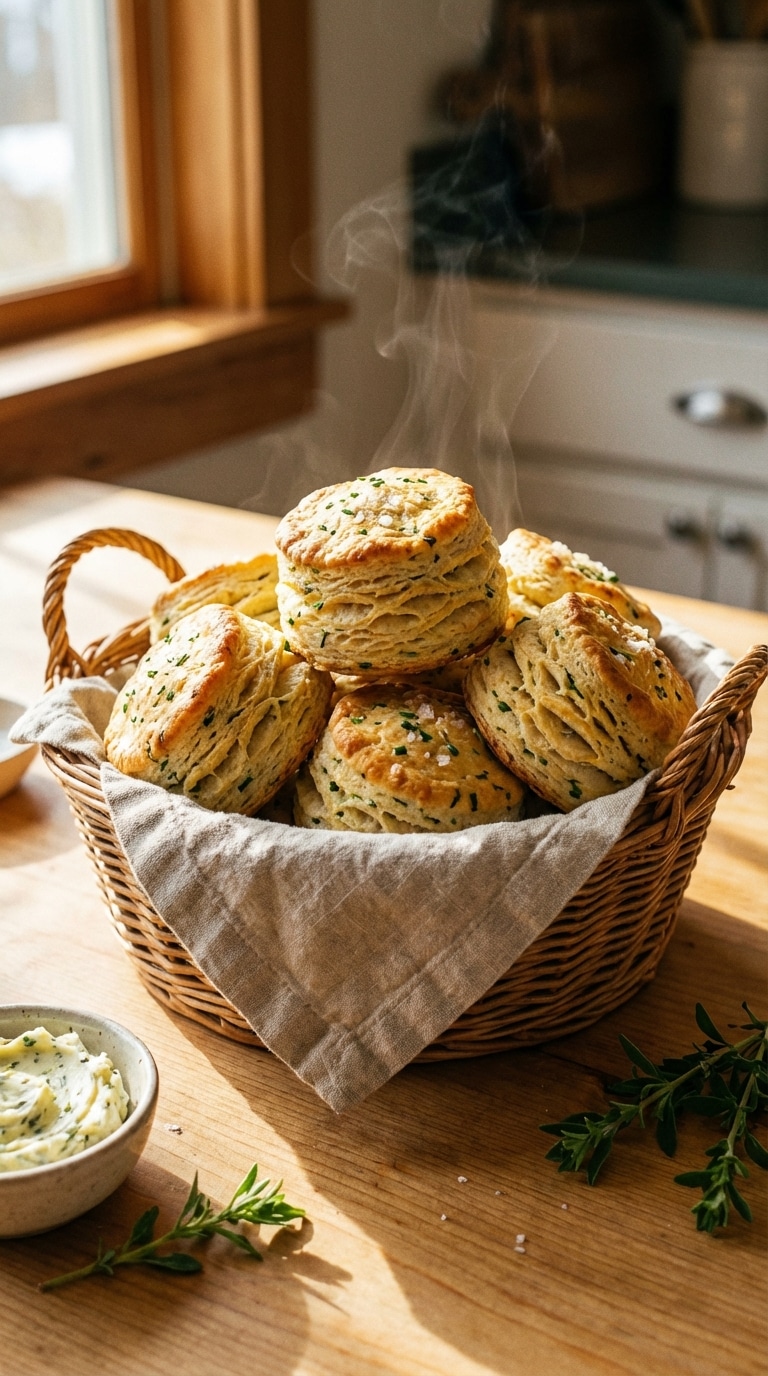 A rustic basket filled with tall, flaky biscuits speckled with green herbs and topped with sea salt.