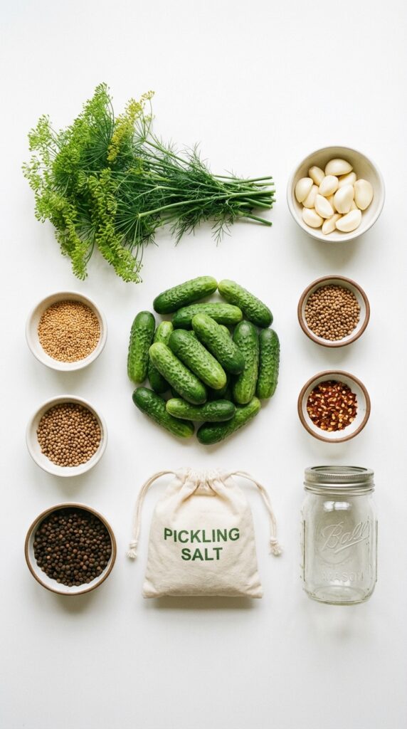 A flat lay showing Kirby cucumbers, fresh dill, garlic cloves, peppercorns, and pickling salt.