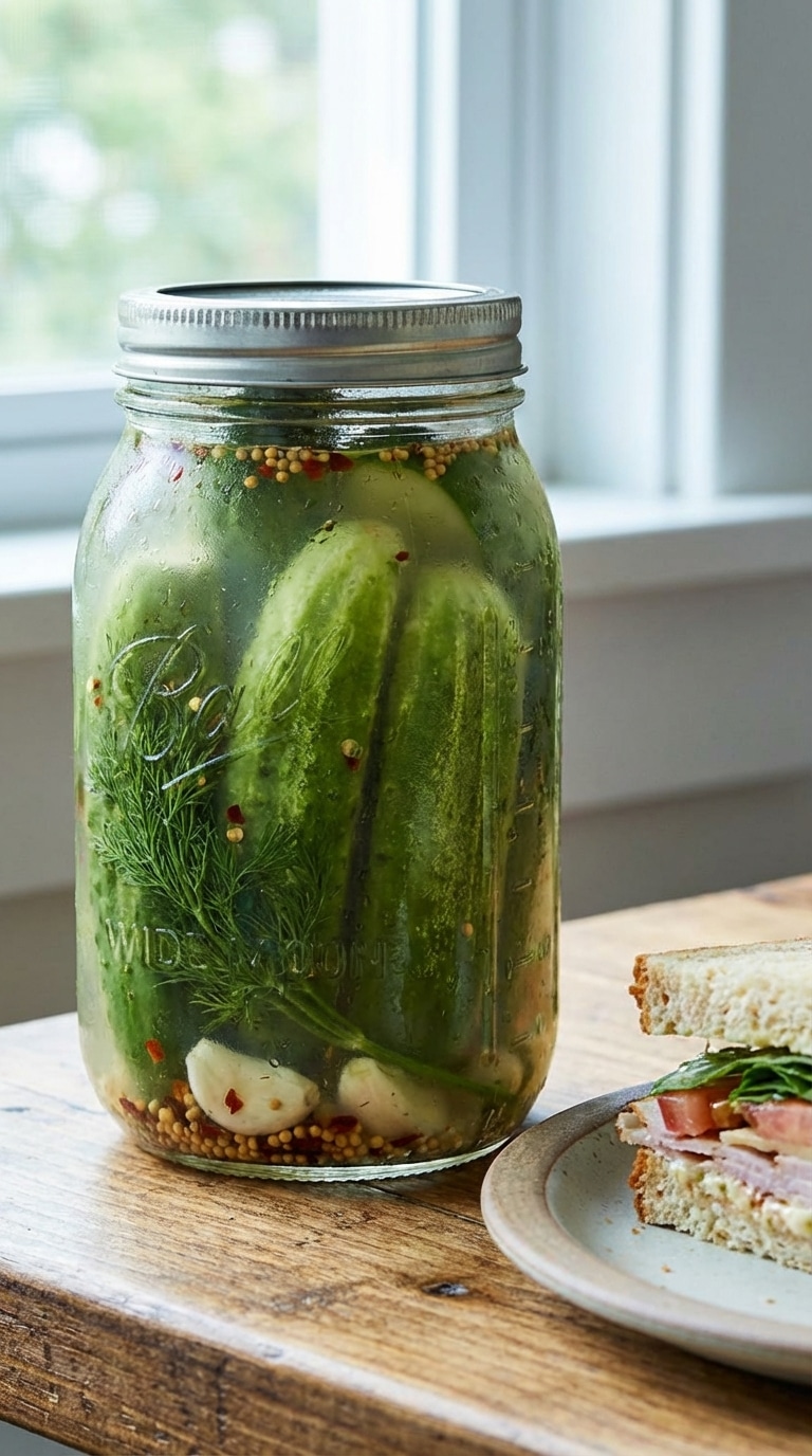 A cold mason jar filled with bright green cucumber spears, fresh dill, garlic, and pickling spices, covered in condensation.