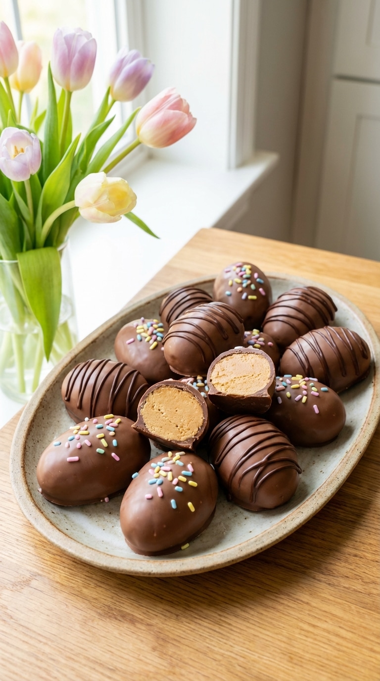 A platter of chocolate covered peanut butter eggs, some with sprinkles, with one cut open to show the filling.