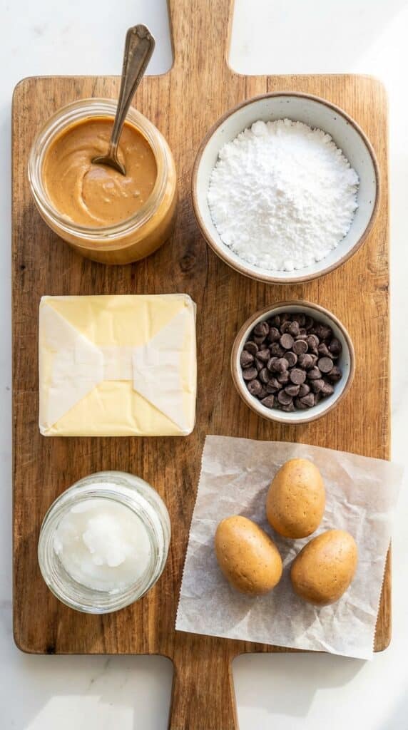 A flat lay showing peanut butter, powdered sugar, butter, and chocolate chips on a wooden board.