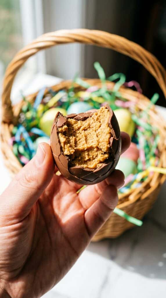 A close-up of a hand holding a chocolate peanut butter egg with a bite taken out, showing the texture.