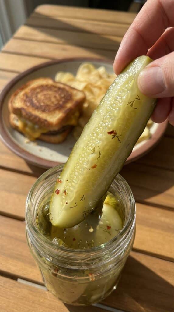 A close-up of a hand pulling a crunchy pickle spear from a jar, with a burger in the background.