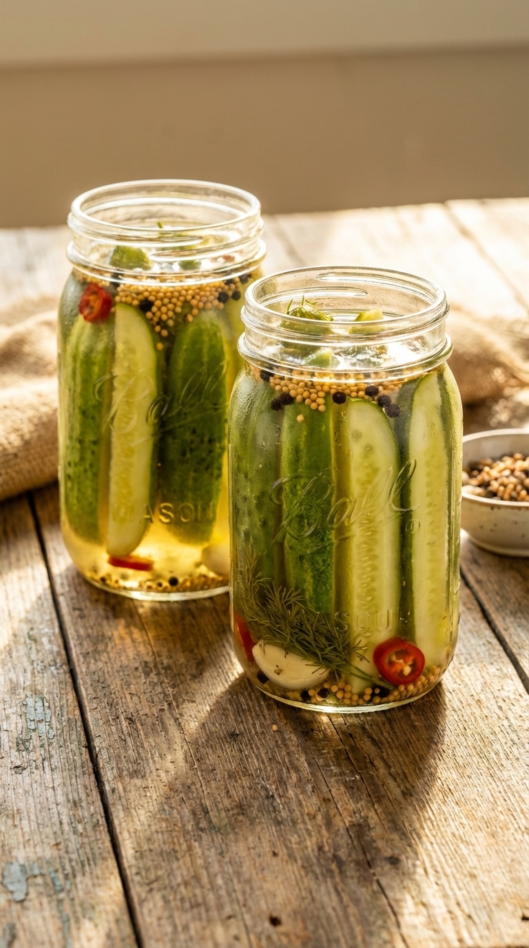 Two mason jars of spicy pickles backlit by the sun, showing cucumbers, dill, garlic, and chili peppers inside.