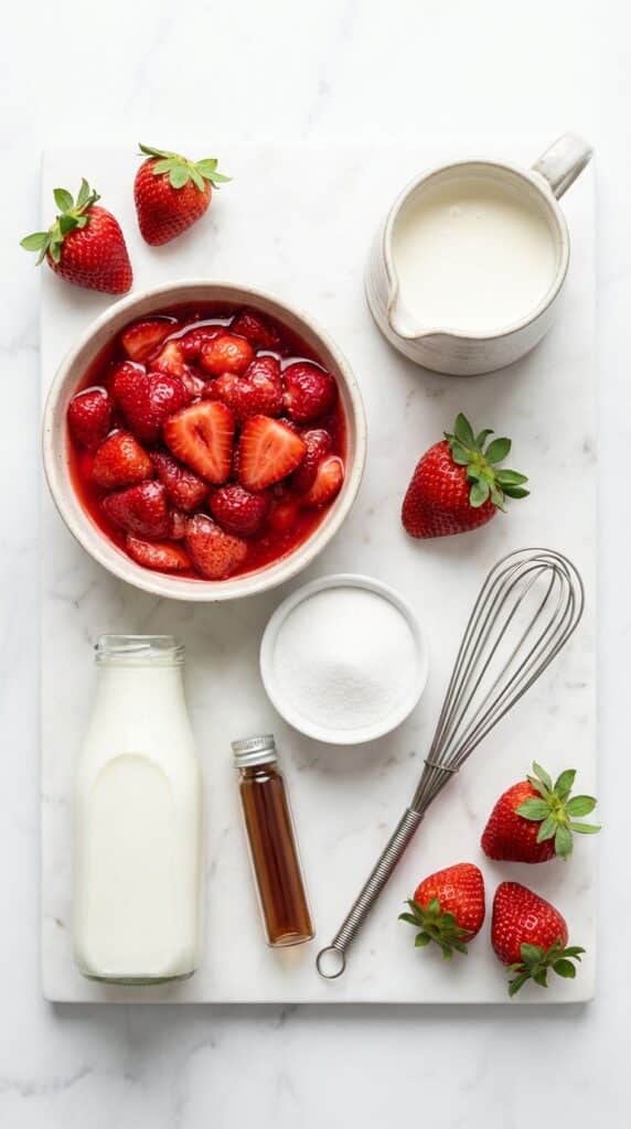 A flat lay showing a bowl of juicy macerated strawberries, cream, milk, and sugar on a marble surface.